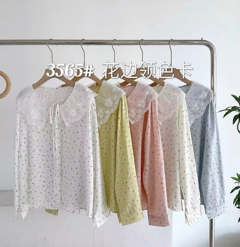 Floral Print Lace Pinter Pan Collar Long Sleeves Korean Tops